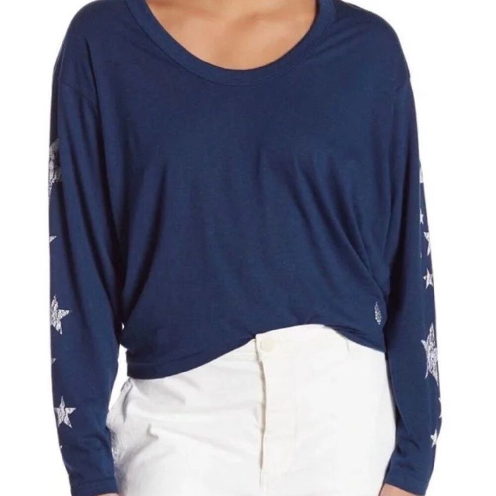 Free People Movement Mel-rose Graphic stars Knit blue Shirt Top sz M